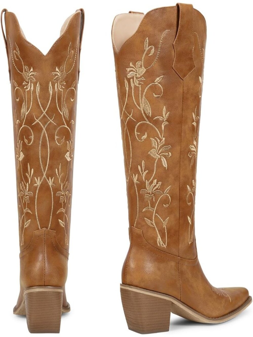 Women's Classic Brown Cowboy Knee High Cowgirl Boots Pointed Toe Chunky Heels - Picture 6 of 6